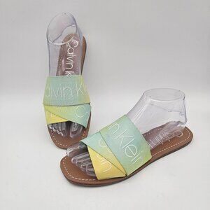 Calvin Klein Bainy Green Yellow LOGO Fabric Slides Flats Womens Sz 7 NEW